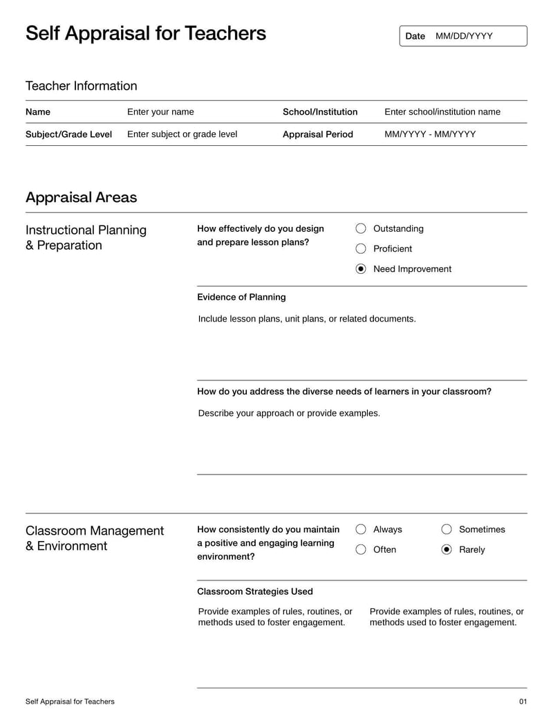Self Appraisal for Teachers Template for teachers to assess their own performance