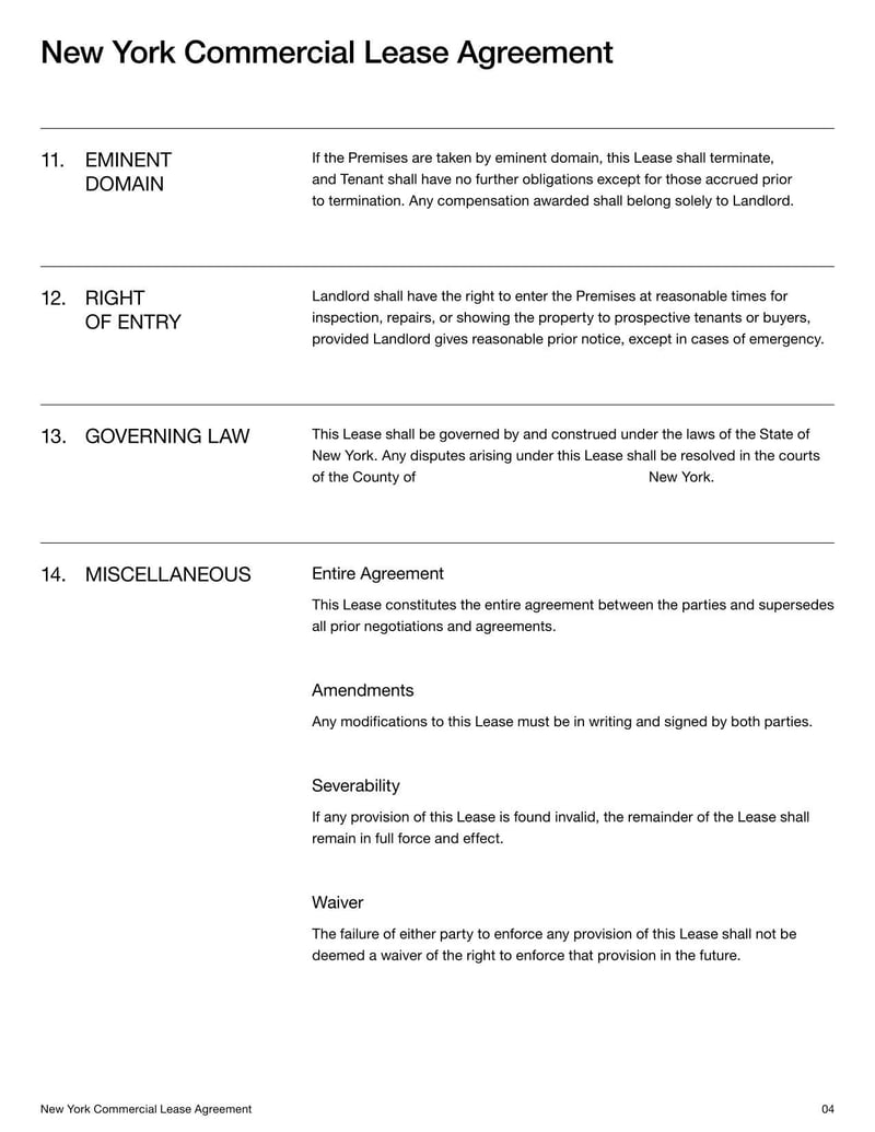 New York Commercial Lease Agreement for outlining rental terms, permitted use, and obligations for commercial properties in New York