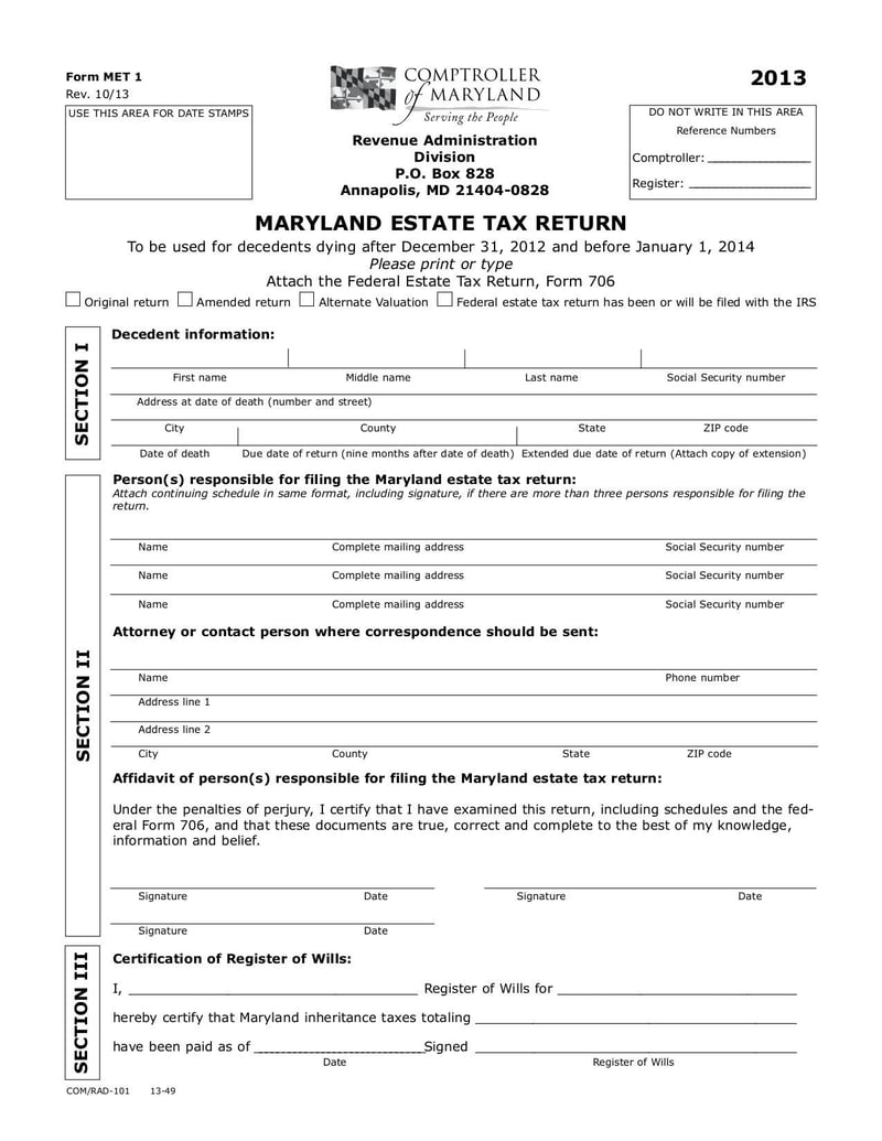 Large thumbnail of Maryland Estate Tax Return (MET-1) - Sep 2017