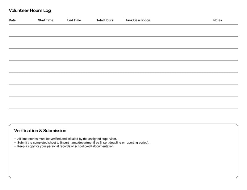 Volunteer Hours Tracking Sheet for recording and organizing volunteer time contributions by individuals or groups
