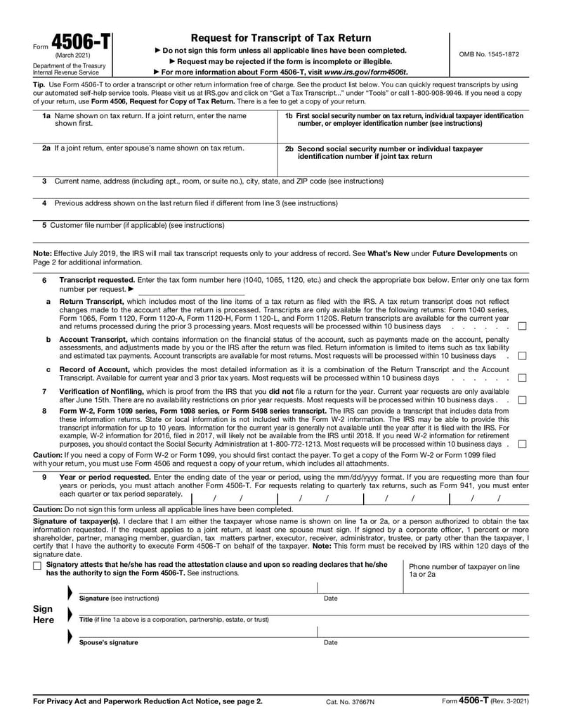 Large thumbnail of Form 4506-T - Mar 2021
