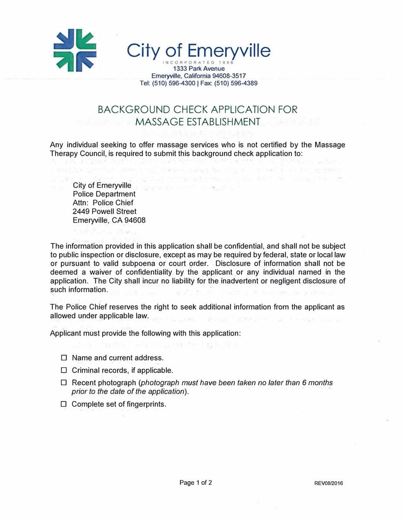 Large thumbnail of Emeryville Background Check Application for Massage Establishment