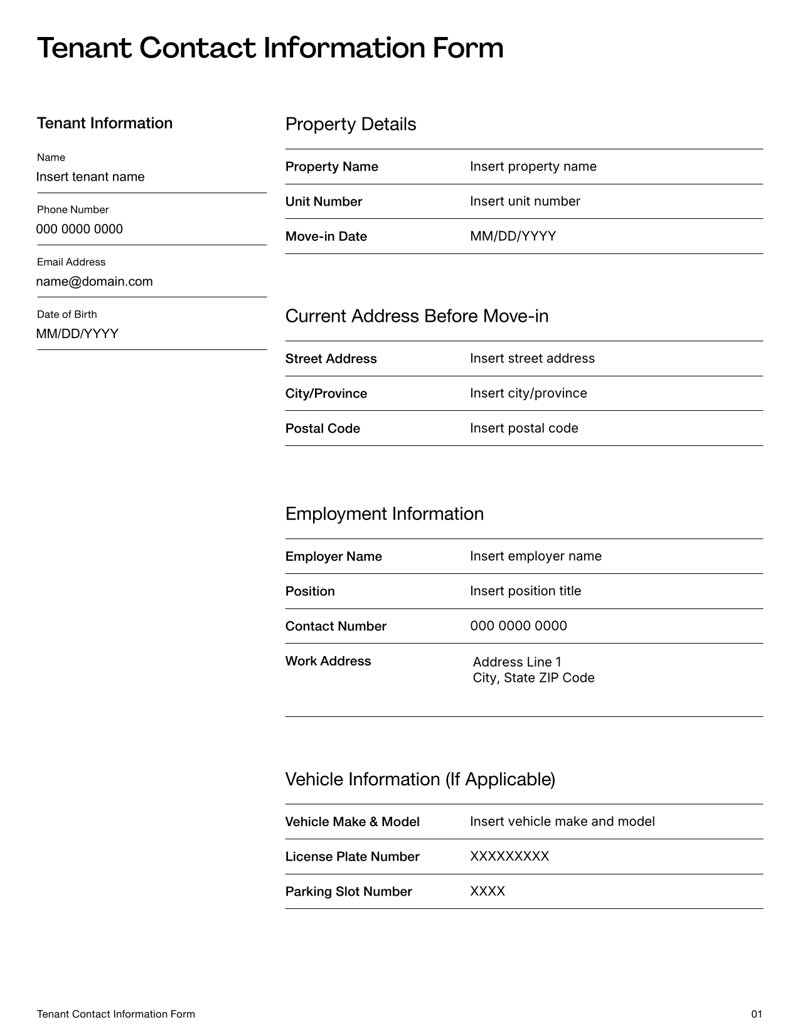 Tenant Contact Information Form with fields for contact details, employment information and emergency contact