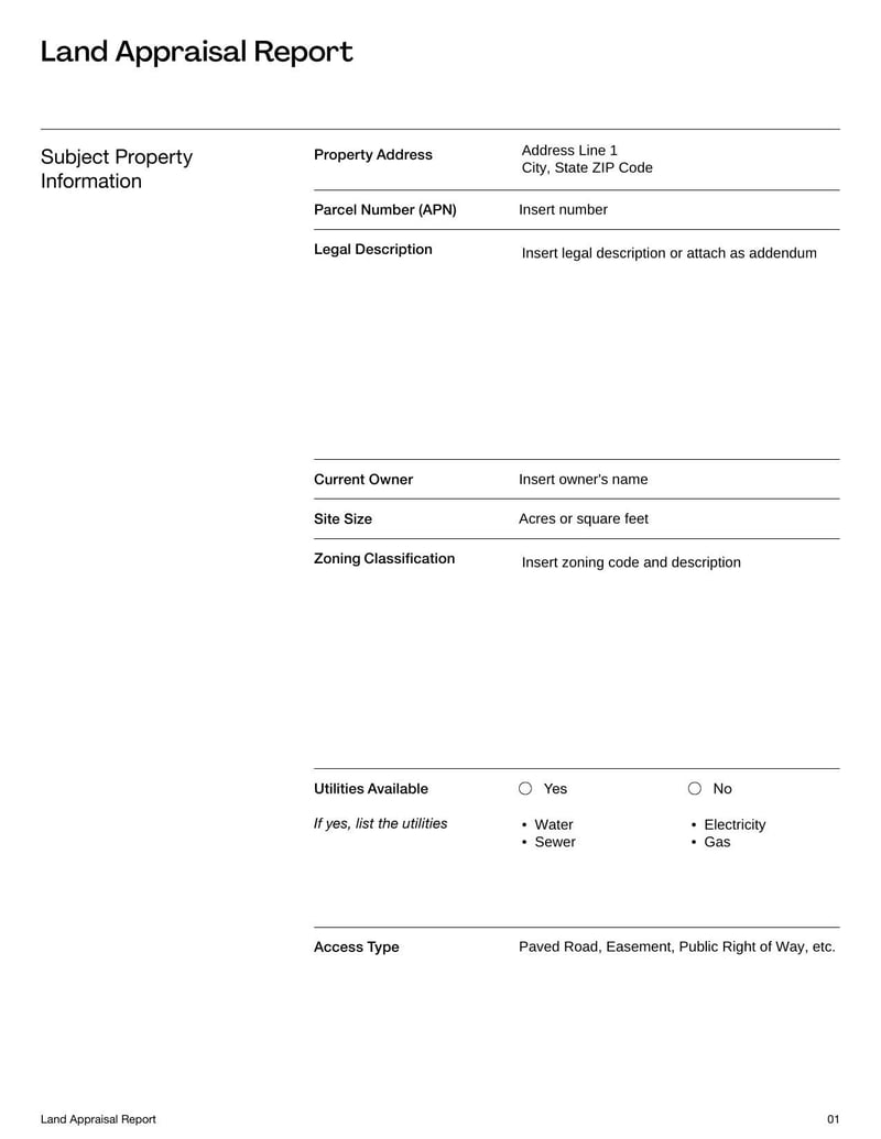 Land Appraisal Report Template helps assess the value of a land parcel for purchase, sale, or development decisions
