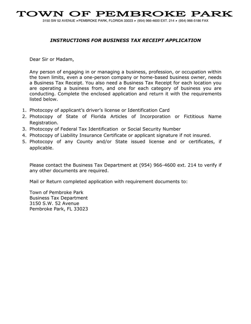 Pembroke Park Application for Business Tax Receipt (2020) | Fill 