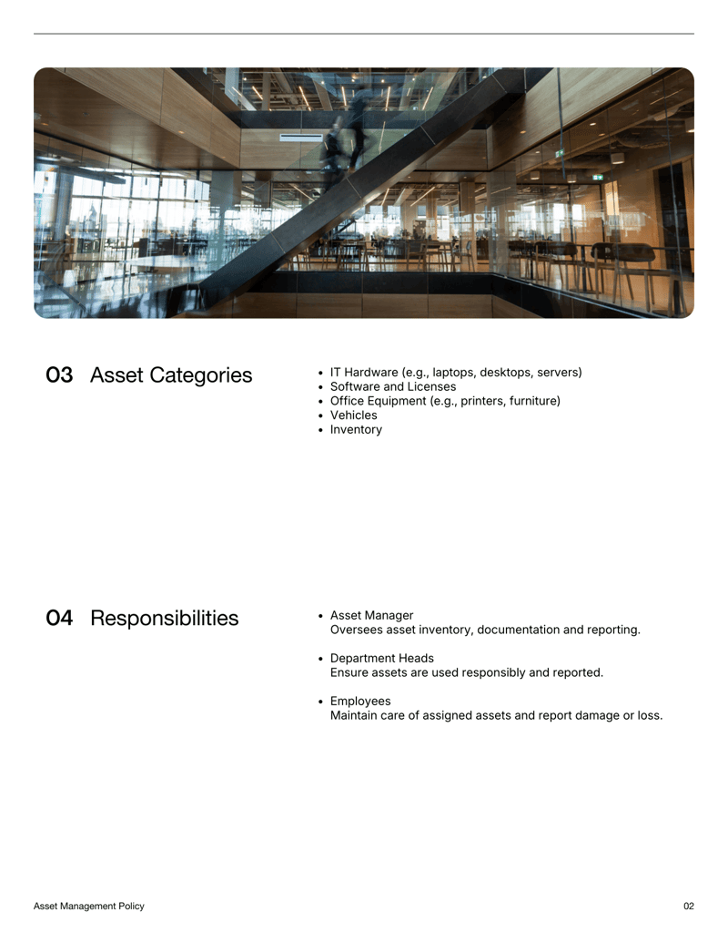 Asset Management Policy Template detailing tracking, tagging, transfers and disposal procedures