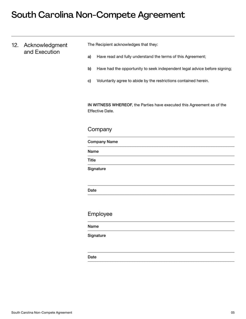 Non-Compete Agreement South Carolina for specifying employment restrictions on competitive work within the state’s legal limits