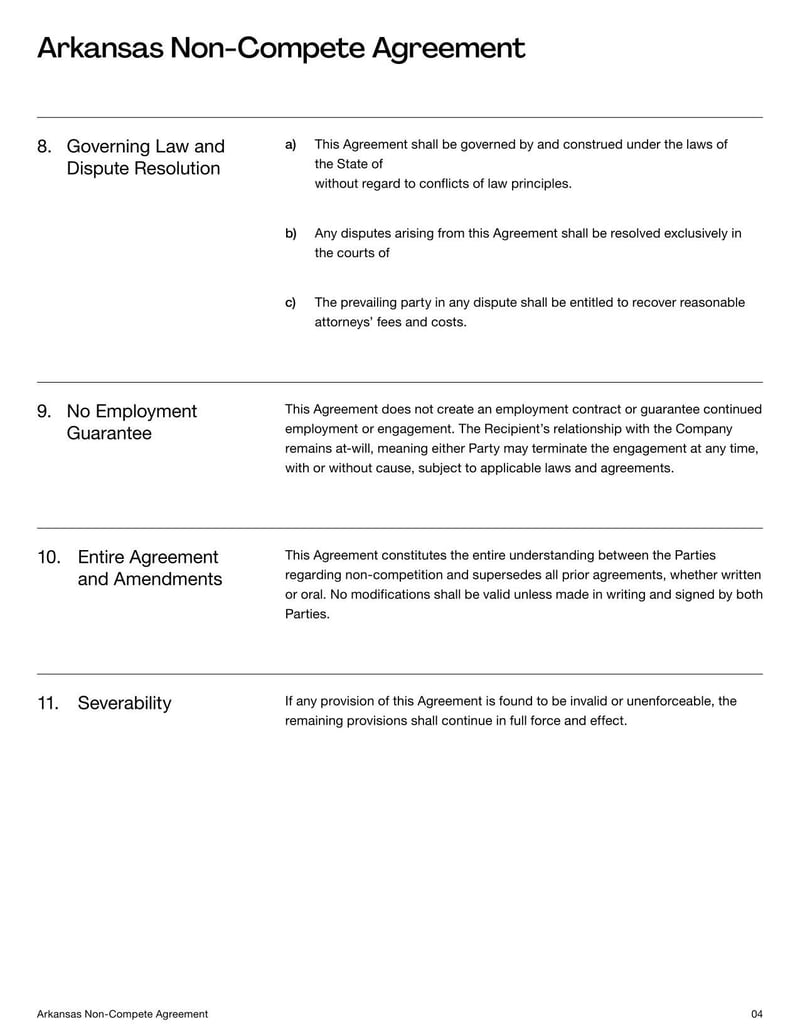 Non-Compete Agreement Arkansas for specifying employment restrictions on competitive work within the state’s legal limits