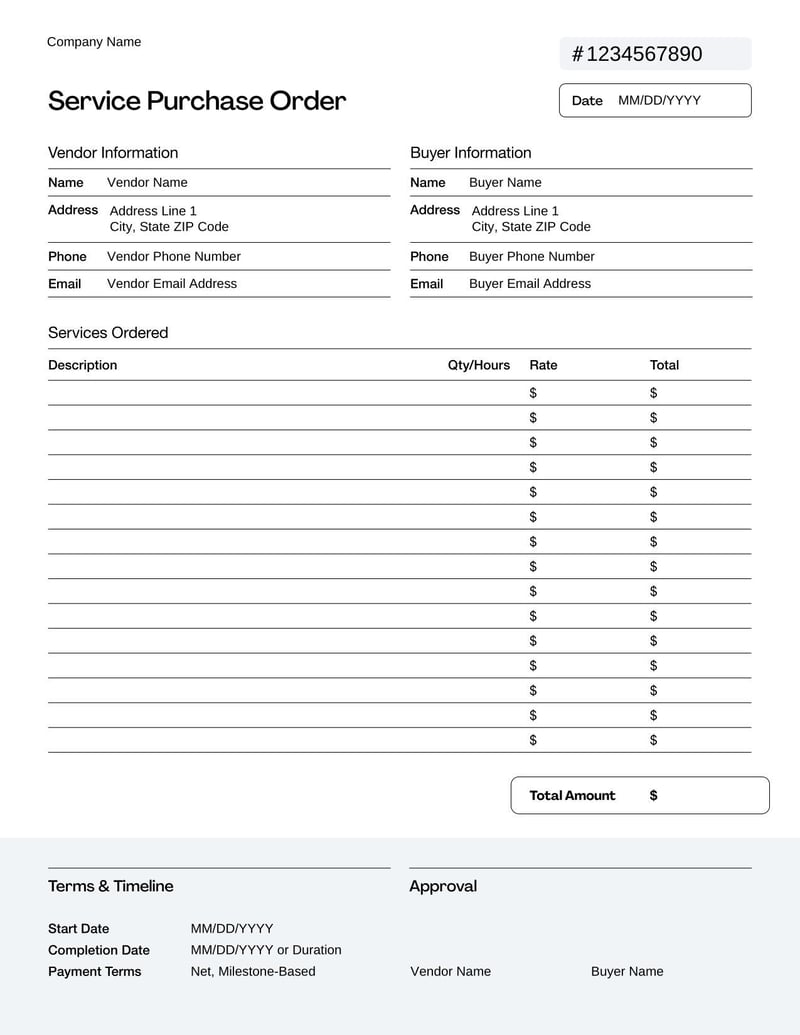 Service Purchase Order Template for documenting ordered services