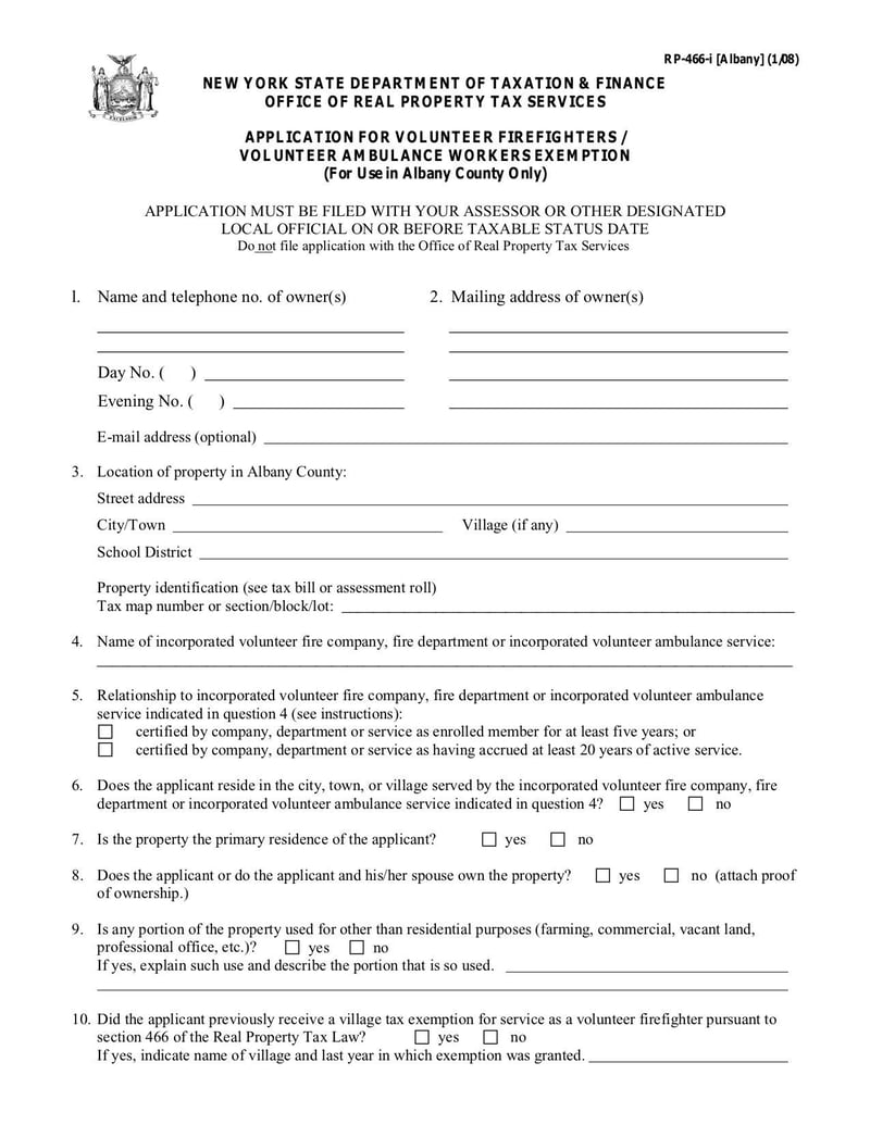Large thumbnail of Application for Volunteer Firefighters / Volunteer Ambulance Workers Exemption (Form RP-466-I) - Mar 2012