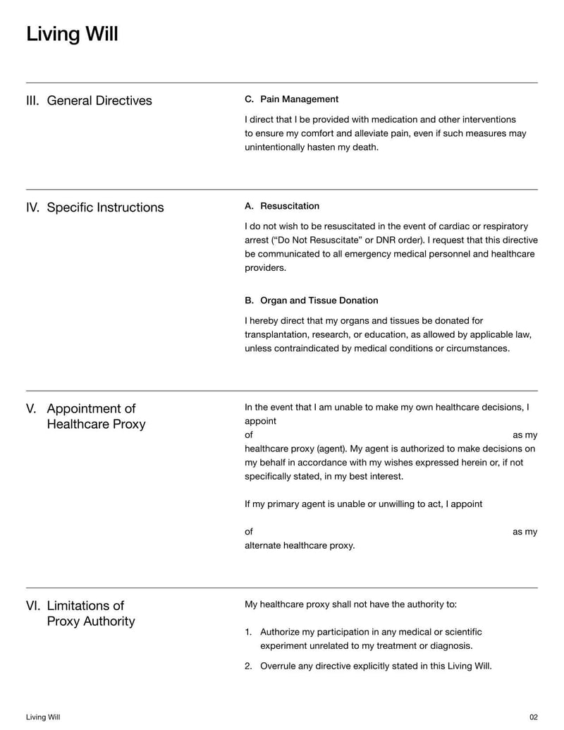 Living Will for stating healthcare preferences in end-of-life situations