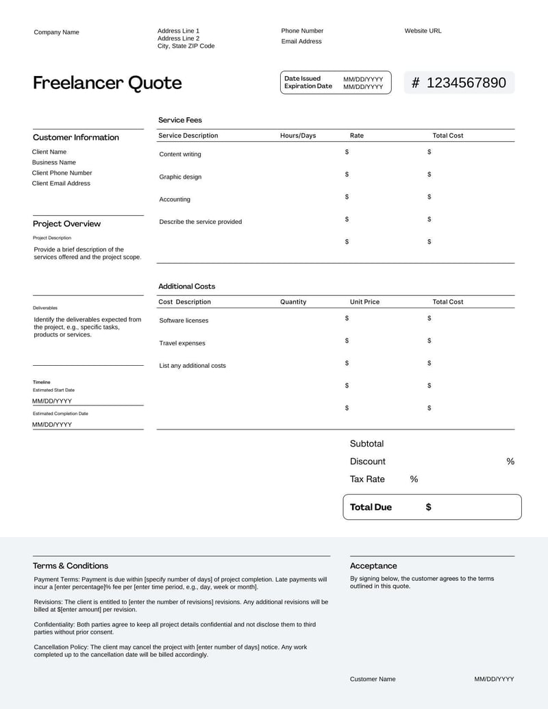 Freelancer Quote for proposing rates and deliverables for freelance projects