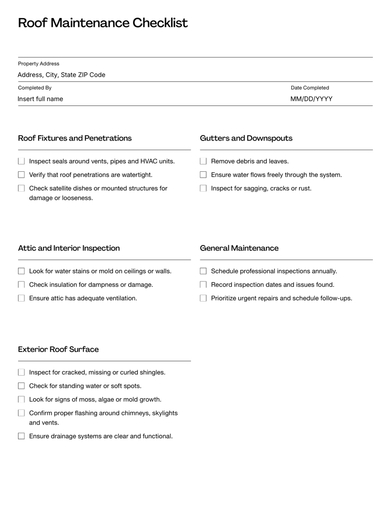 Roof Maintenance Checklist with inspection tasks for shingles, gutters and attic areas