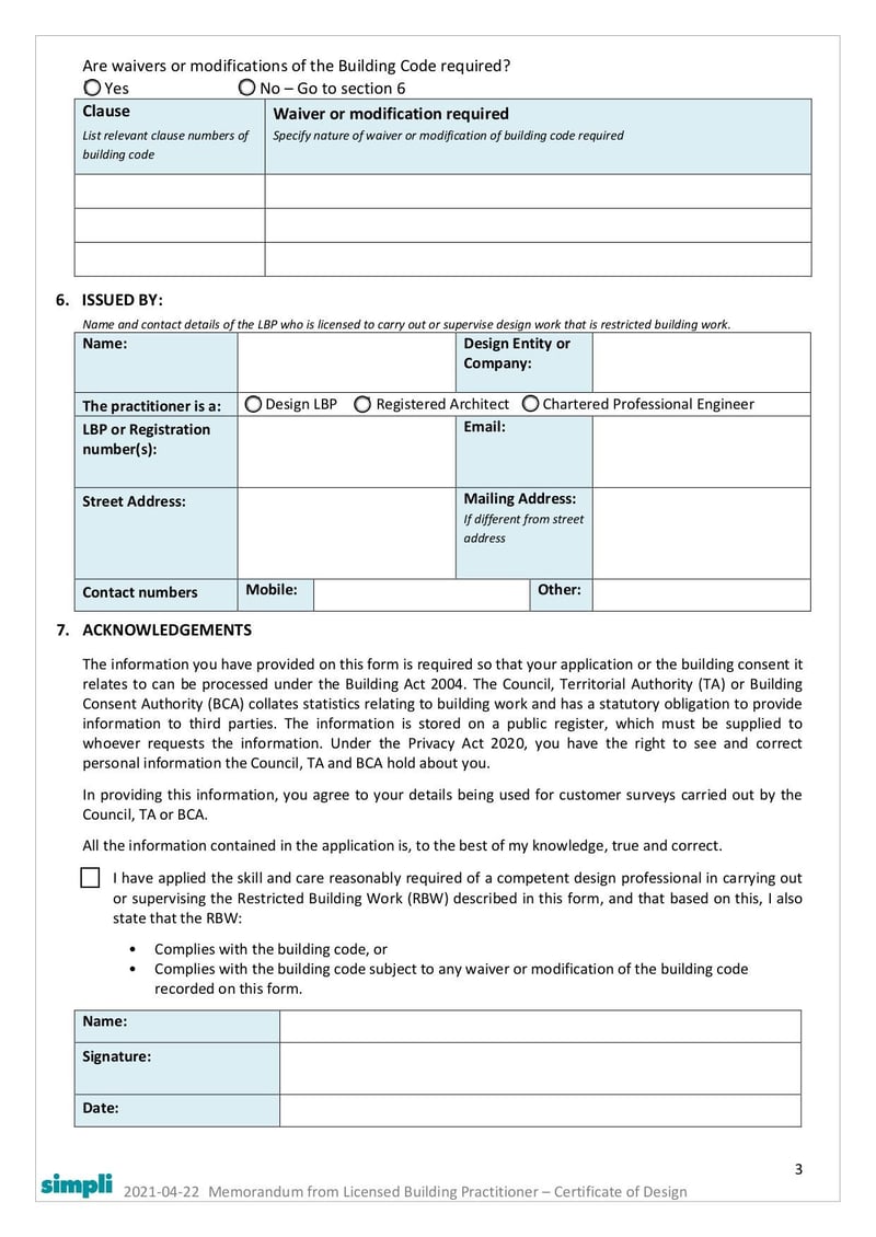 Large thumbnail of Memorandum from Licensed Building Practitioner - Certificate of Design Work (Form 2A) - Apr 2021