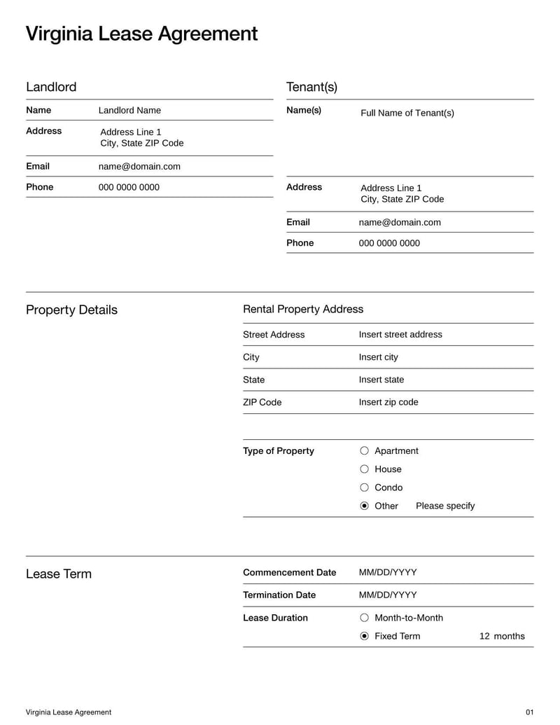 Large thumbnail of Virginia Lease Agreement Template