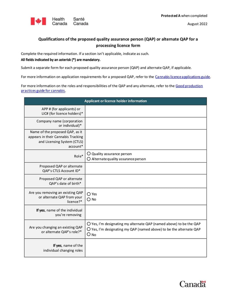 Thumbnail of Qualifications of the Proposed Quality Assurance Person (QAP) or Alternate QAP for a Processing Licence Form - Aug 2022 - page 0