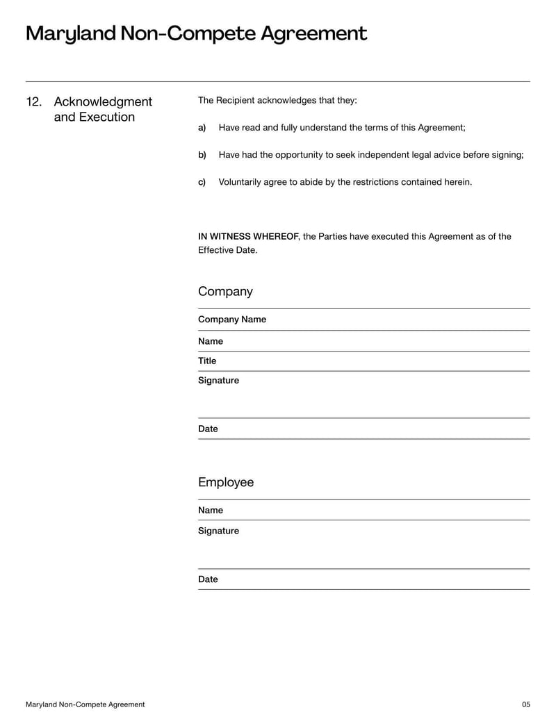 Non-Compete Agreement Maryland detailing terms for non-competition, confidentiality, and related employment restrictions