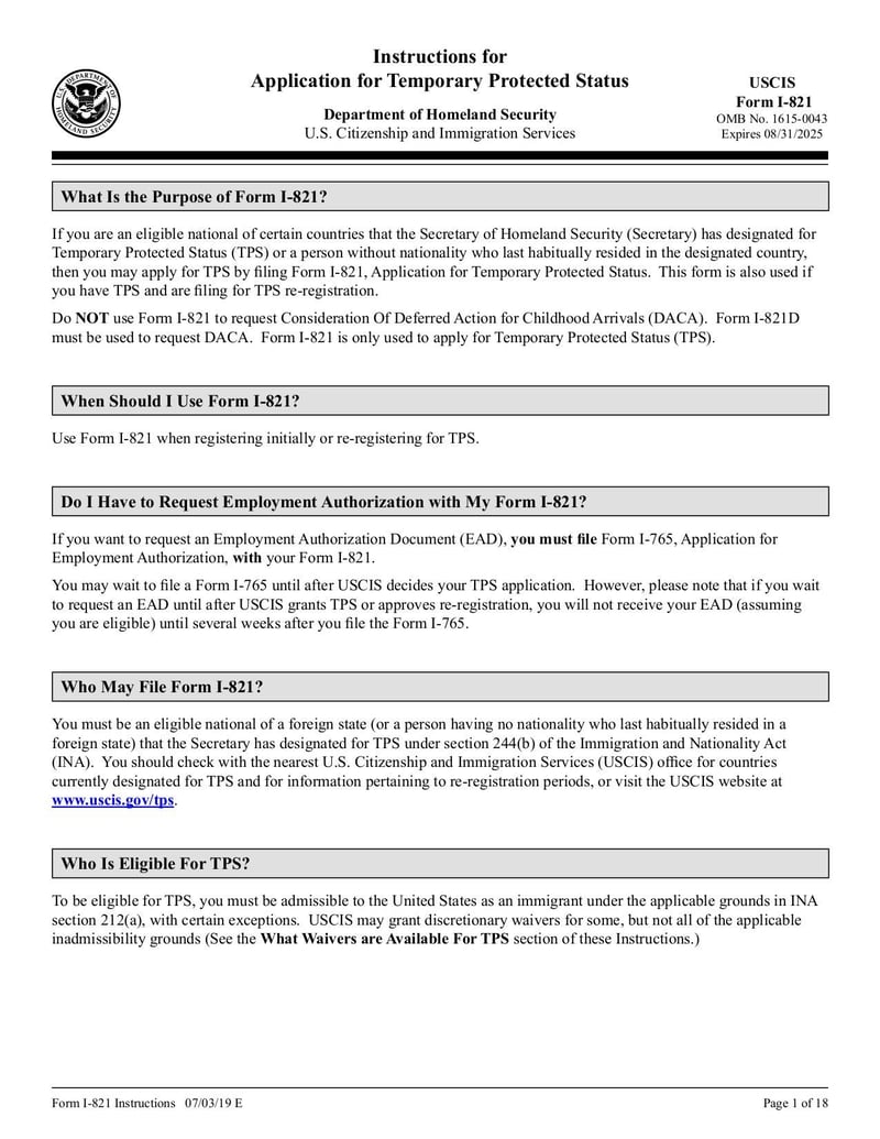 Large thumbnail of Instructions for Form I-821 - Jul 2019
