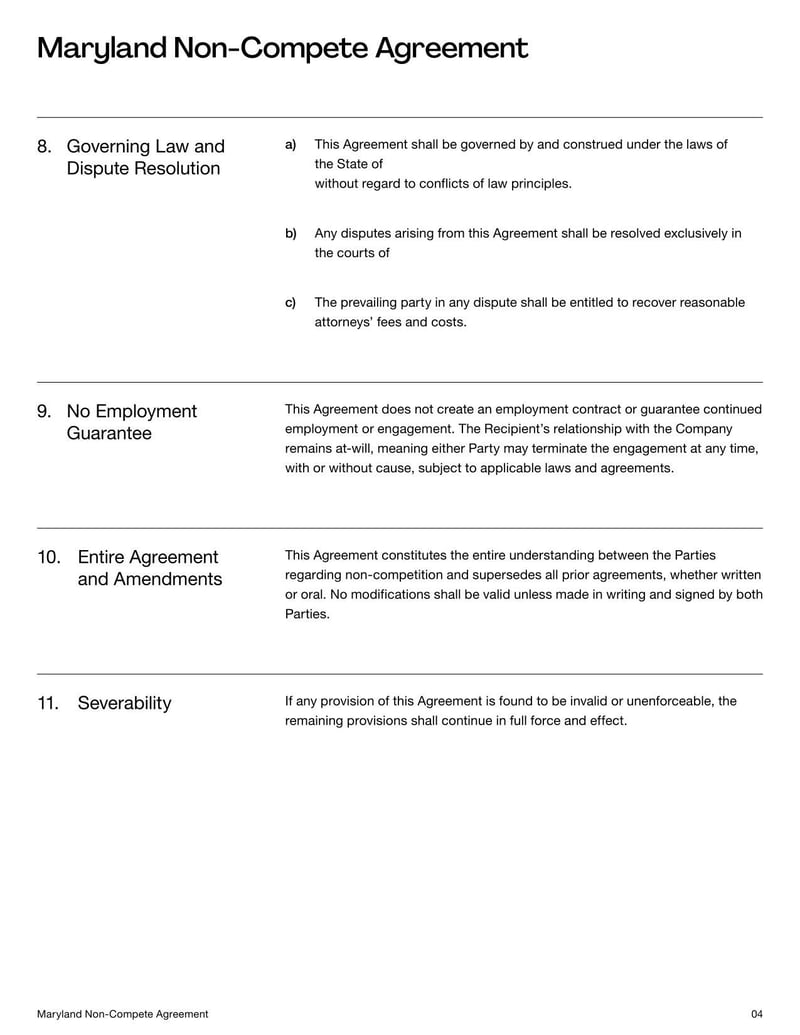 Non-Compete Agreement Maryland detailing terms for non-competition, confidentiality, and related employment restrictions