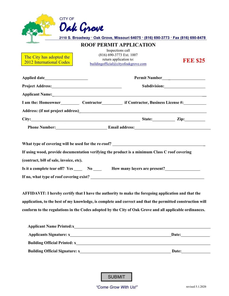 Large thumbnail of Oak Grove Roof Permit Application (May 2020)