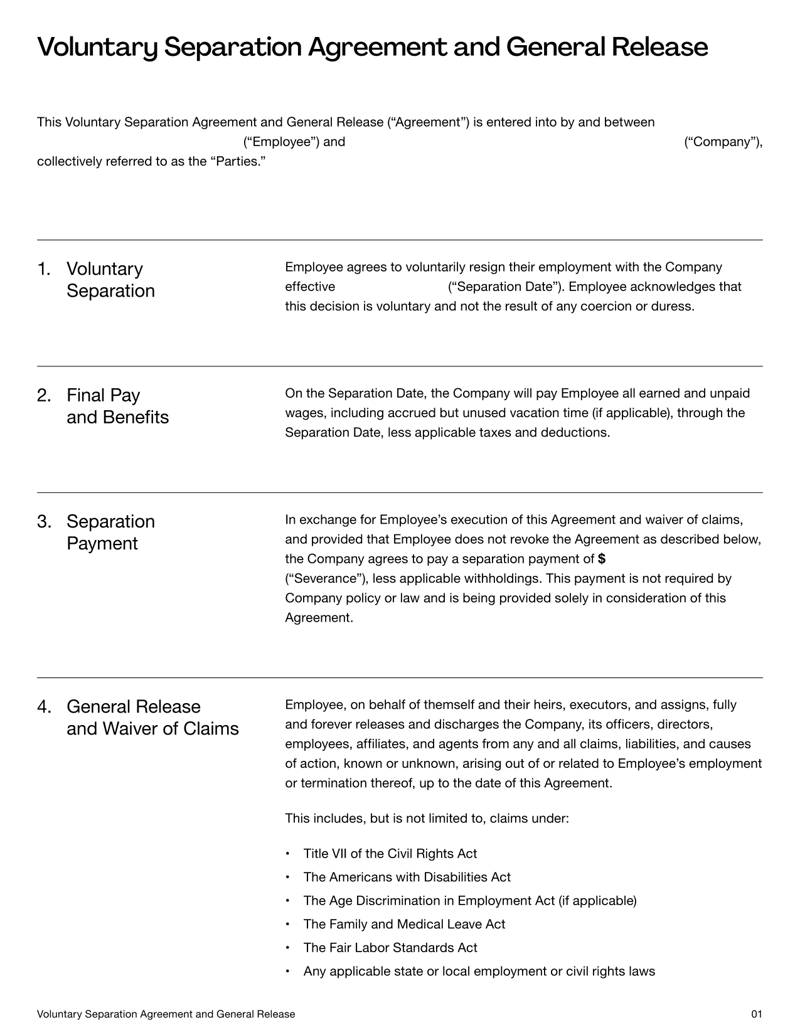 Voluntary Separation Agreement Template for finalizing employee resignations and severance