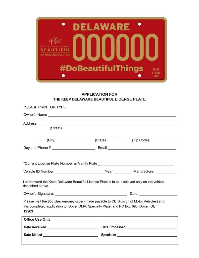 Large thumbnail of Keeping Delaware Beautiful Plate Application - Jul 2018