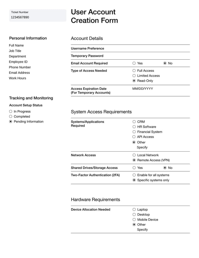 User Account Creation Form for requesting new account access
