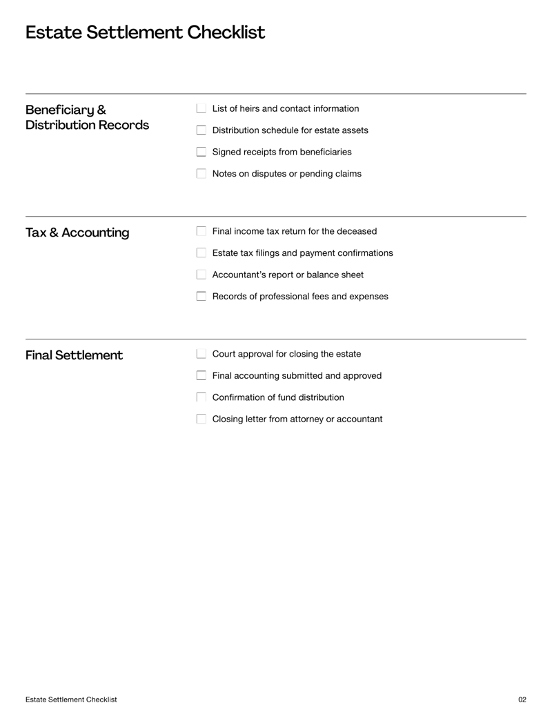 Estate Settlement Checklist form detailing sections for executor details, legal documents, assets, debts and estate closure tasks