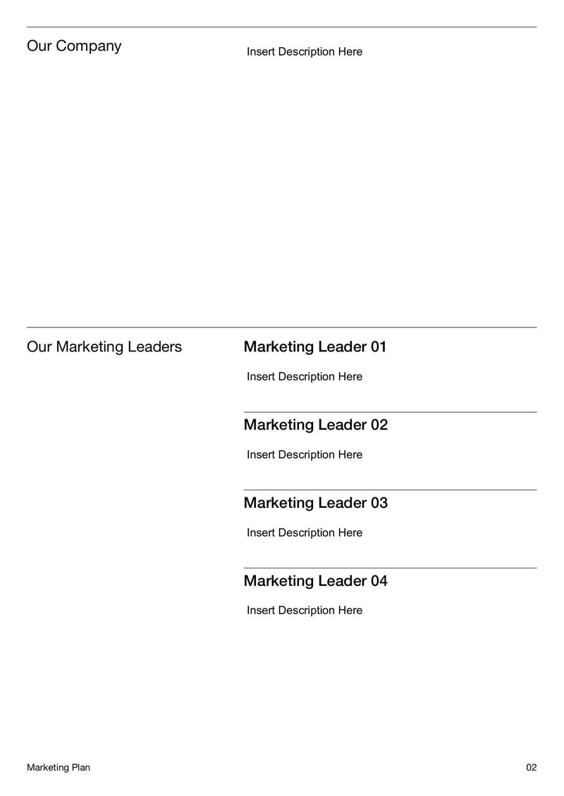 Marketing Plan Template for organizing marketing strategies, target audiences, budgets, and campaign goals