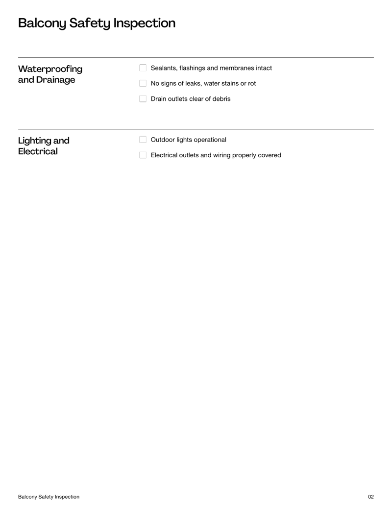 Balcony Safety Inspection Checklist with inspection items for structure, flooring, railings and waterproofing
