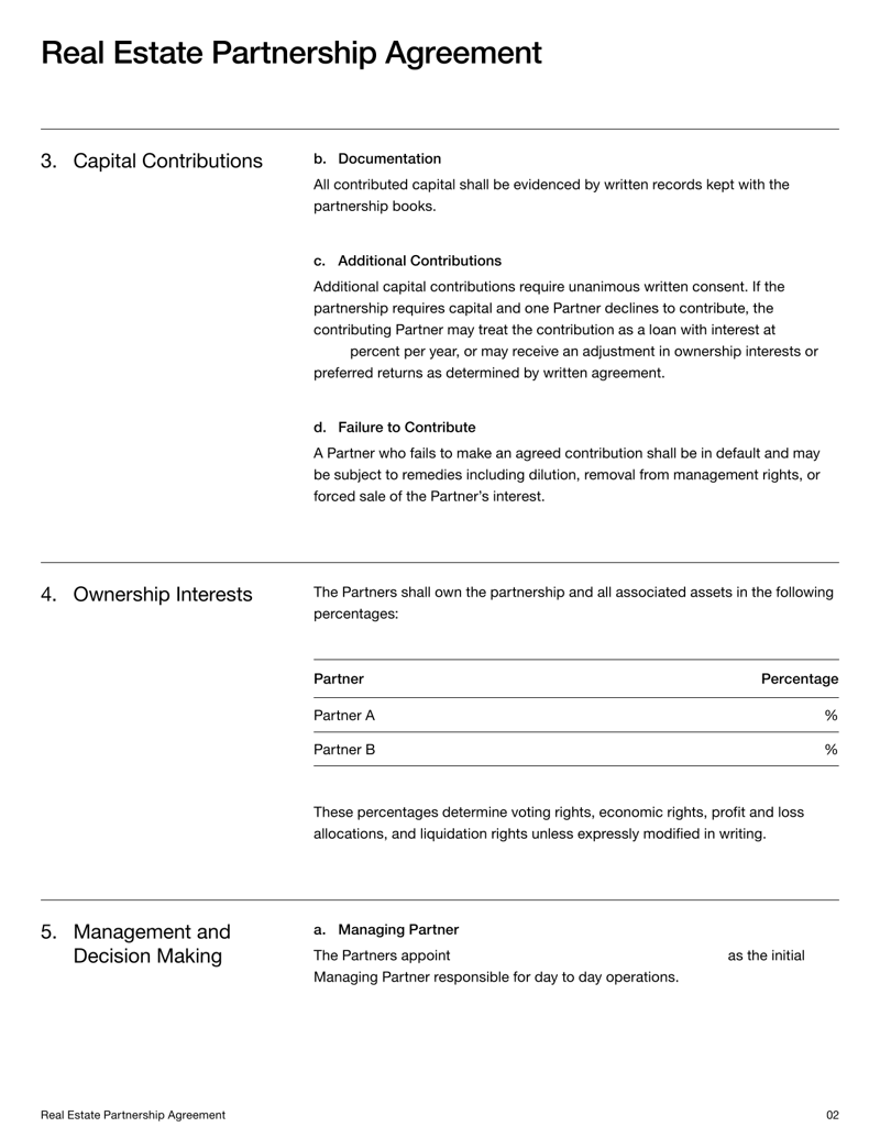 Real Estate Partnership Agreement covering contributions, ownership, management duties and partner rights