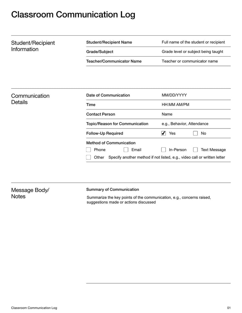 Communication Log to track messages between teachers and parents