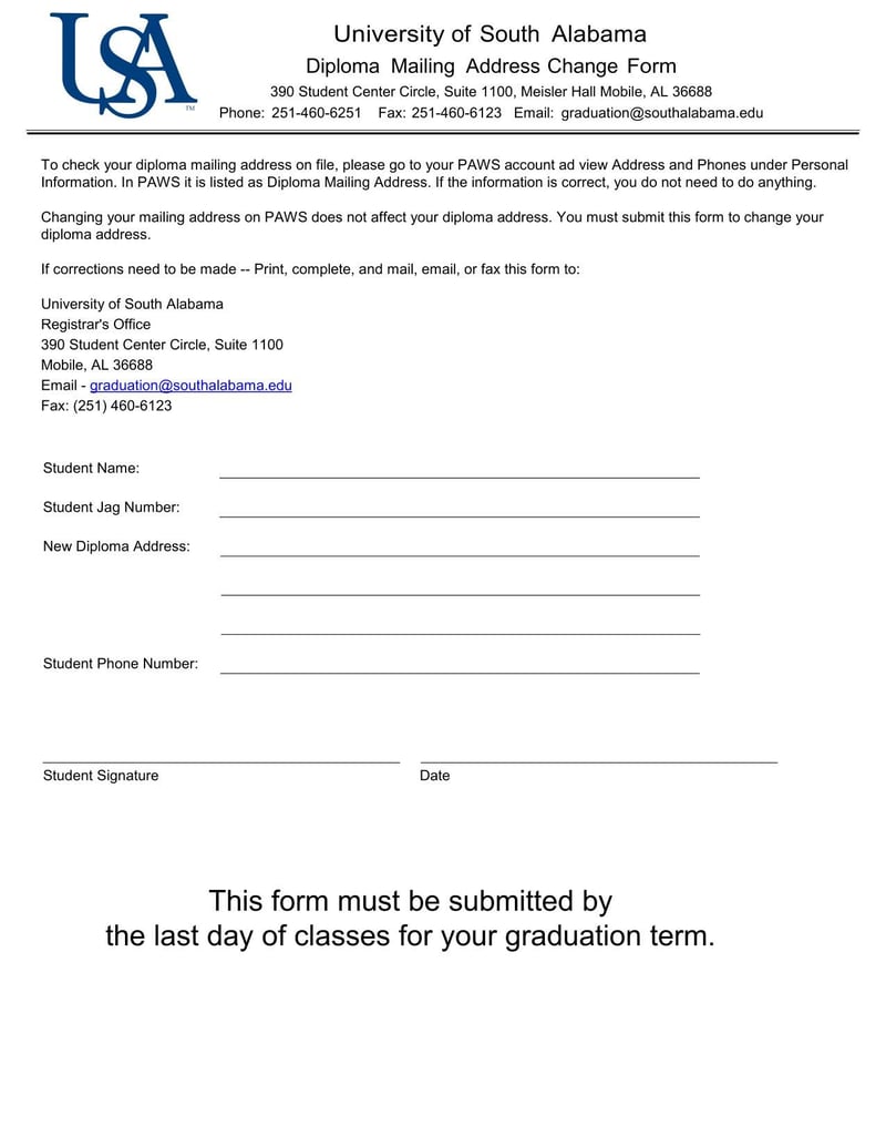 Large thumbnail of University of South Alabama Diploma Mailing Address Change Form