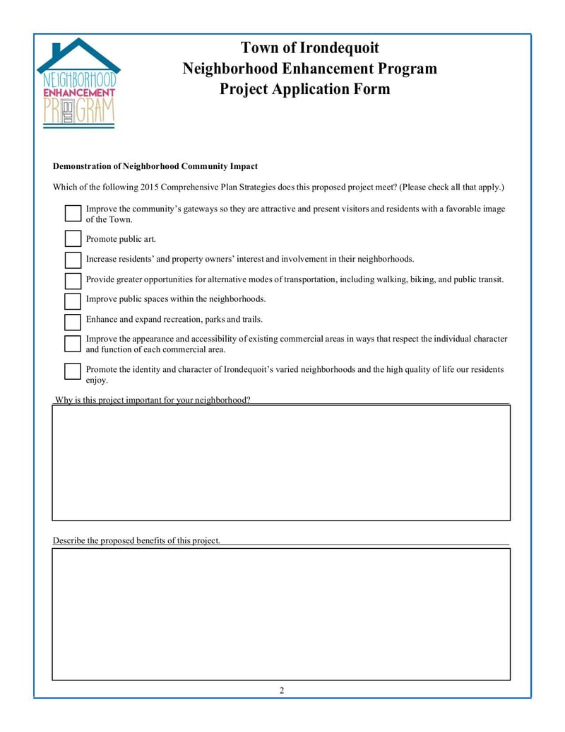 Large thumbnail of Town of Irondequoit Neighborhood Enhancement Program Project Application Form - Sep 2018
