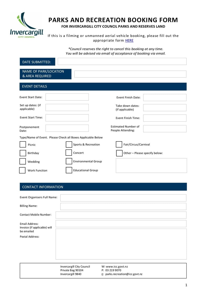 Large thumbnail of Parks and Recreation Booking Form - Aug 2021