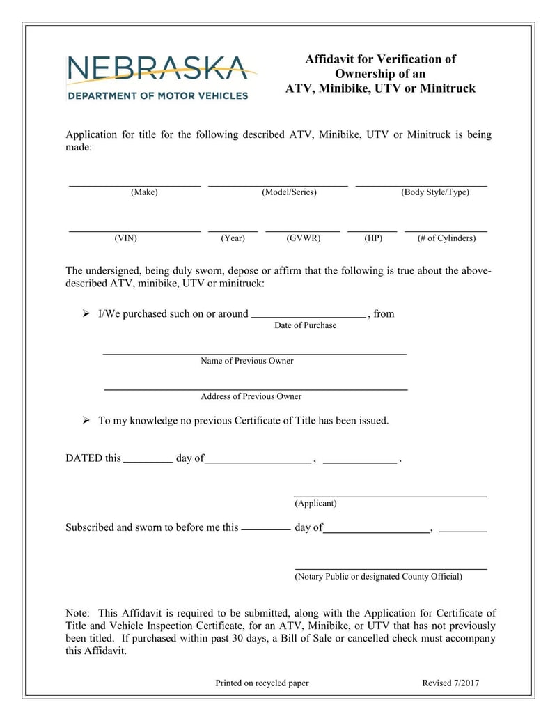 Large thumbnail of Nebraska Affidavit for Verification of Ownership of an ATV, Minibike, UTV or Minitruck
