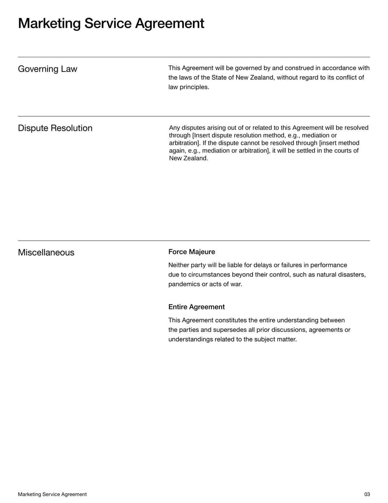 Marketing Service Agreement Template for New Zealand for detailing responsibilities in marketing partnerships