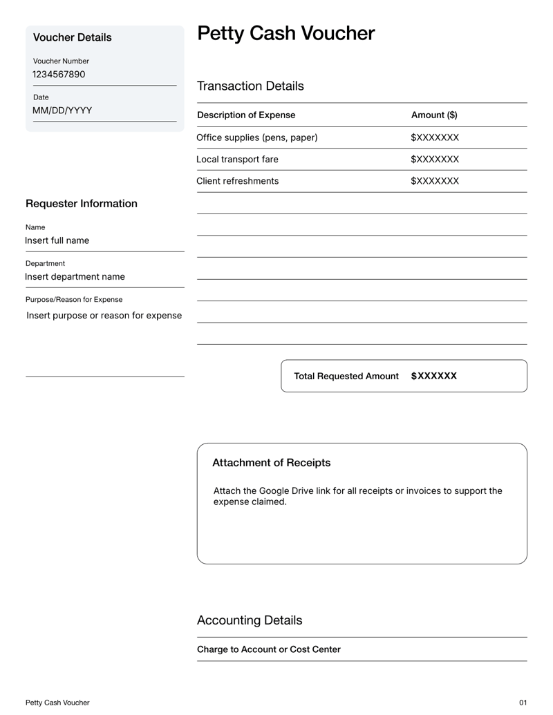 Petty Cash Voucher form with fields for voucher number, date, itemized expenses, signatures and accounting charge 