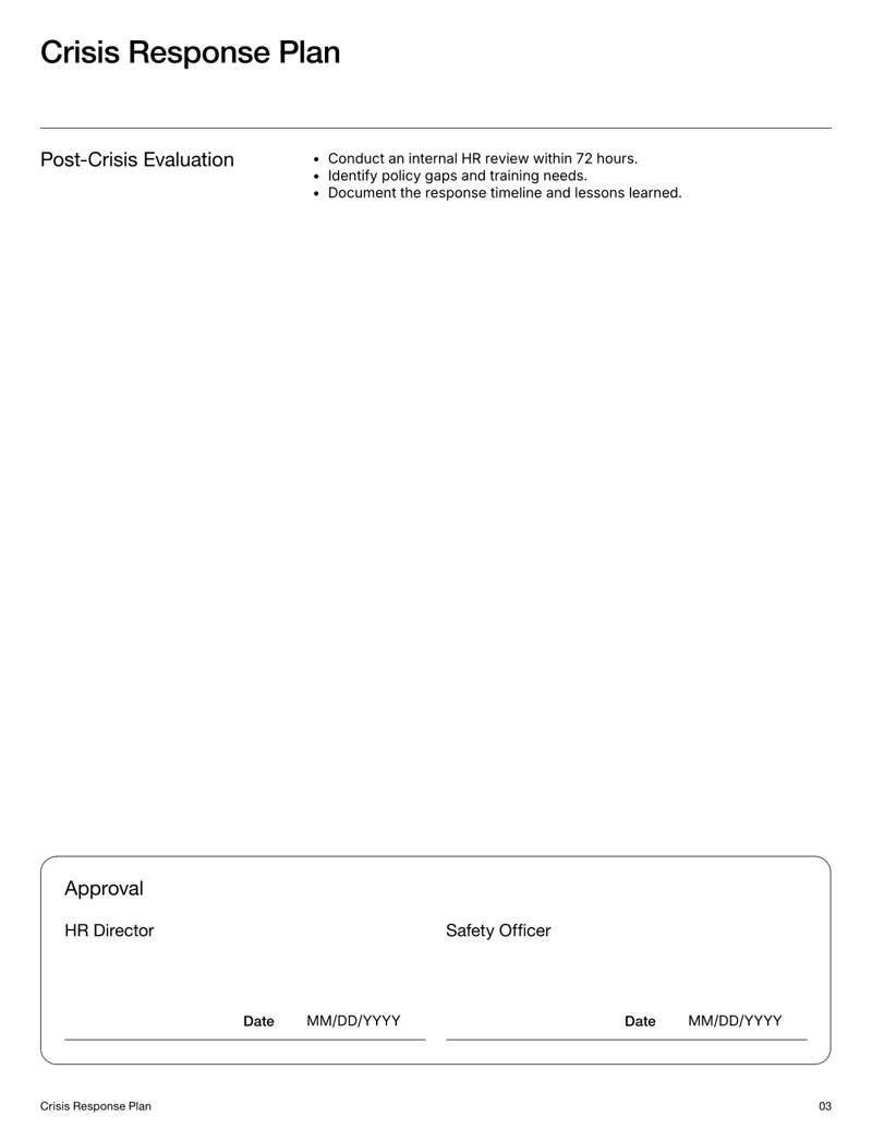 Crisis Response Plan with sections for purpose, response team, HR procedures, communication plan and post-crisis evaluation
