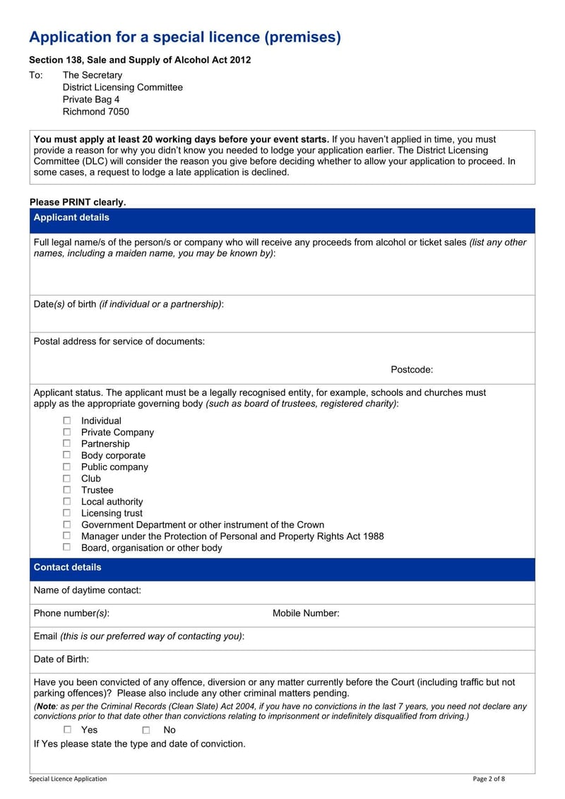Large thumbnail of New Zealand Application for Special Licence (Premises)