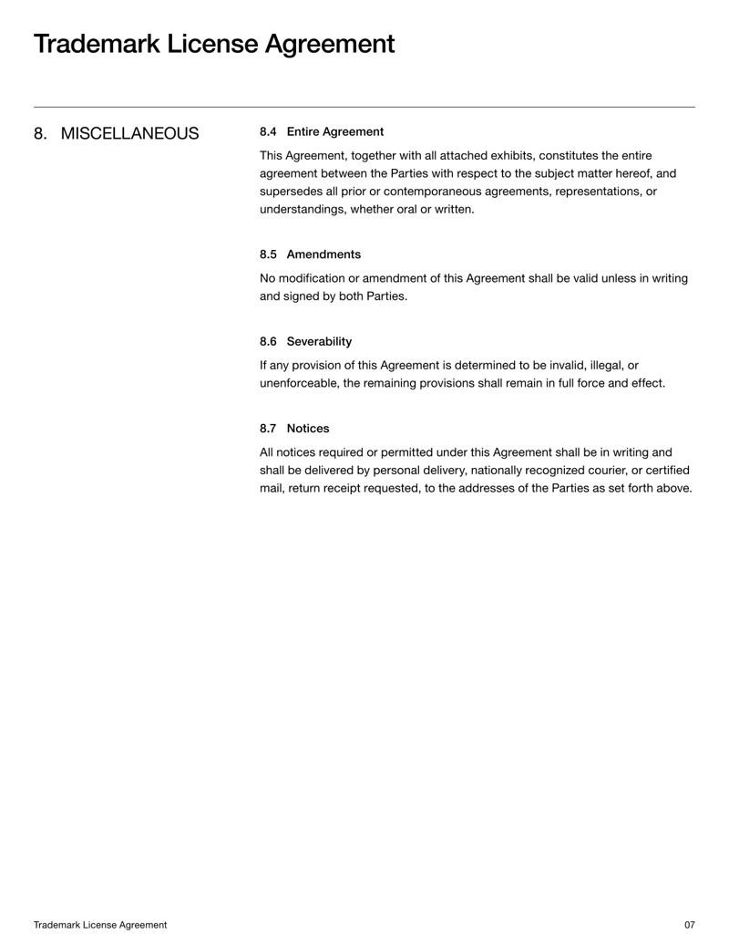 Trademark License Agreement for granting rights to use a brand name or logo under defined terms