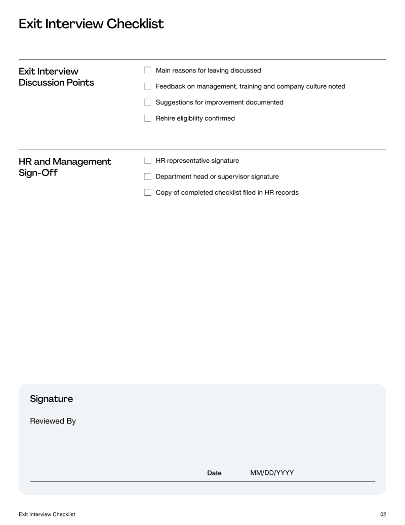Exit Interview Checklist form listing items for employee clearance, property return, task handover and sign-off