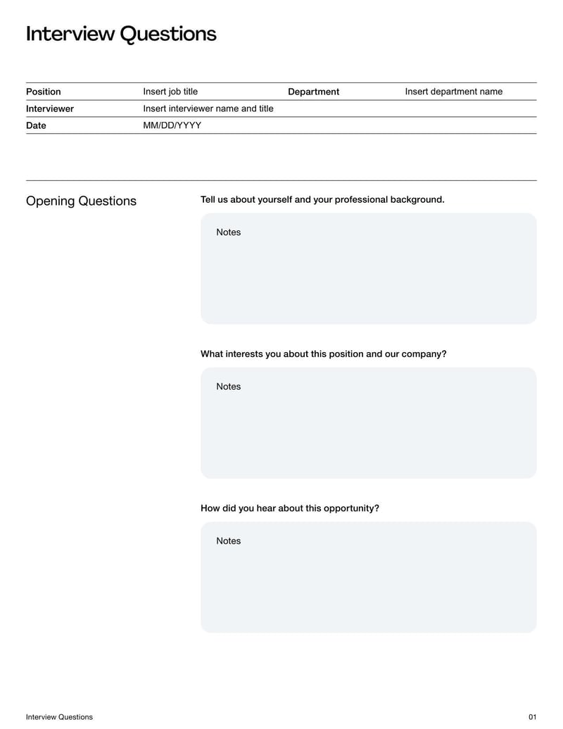 Interview Questions Template for structuring job interviews and evaluating candidates effectively