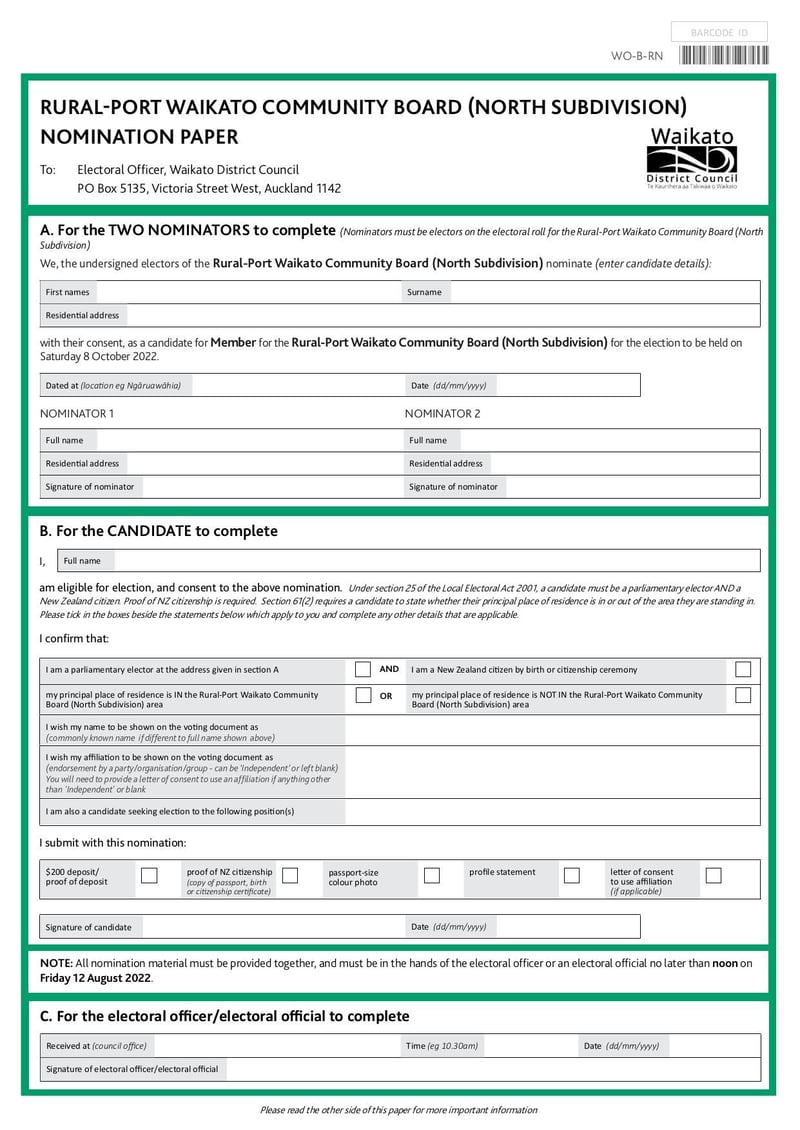 Large thumbnail of Rural Port Waikato Community Board (North) Nomination Form - Jan 2022