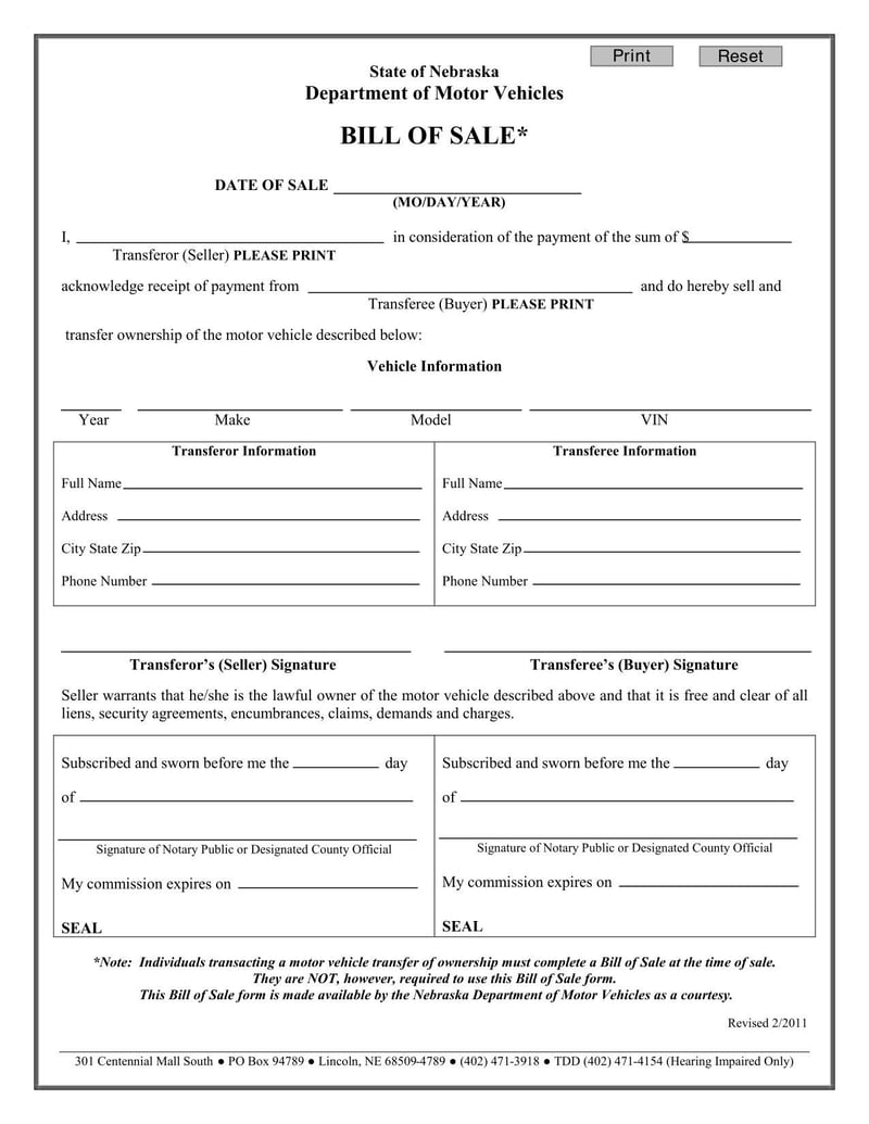 Large thumbnail of Nebraska Motor Vehicle Bill of Sale (2011)
