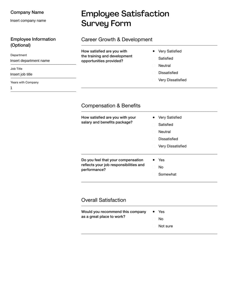 Employee Satisfaction Survey assessing employee contentment with their work environment and job roles