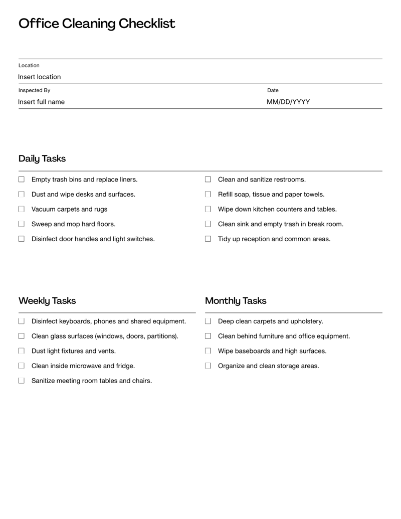 Office Cleaning Checklist with daily, weekly and monthly cleaning tasks for desks, restrooms, floors and shared spaces