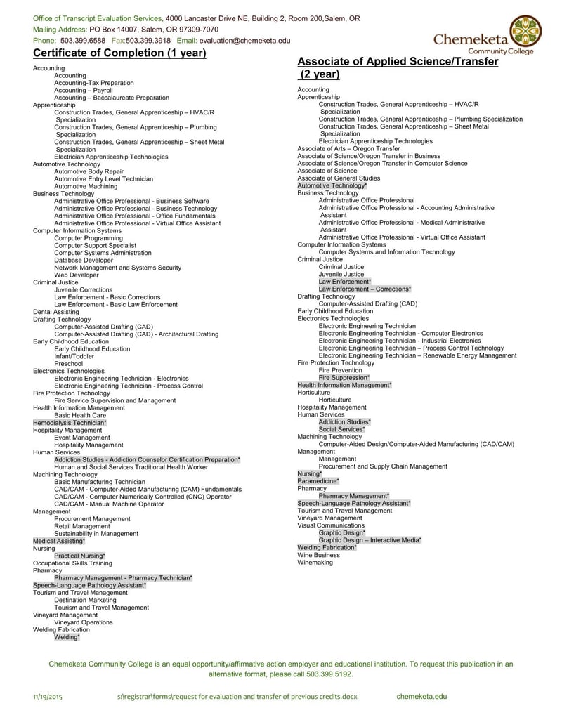 Large thumbnail of Chemeketa Community College Request for Evaluation and Transfer of Previous Credits