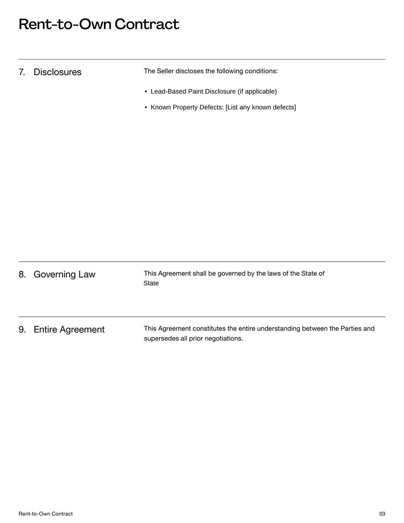 Rent to Own Contract detailing terms for leasing a property with an option to purchase, including payment schedule, purchase price, and tenant-buyer obligations