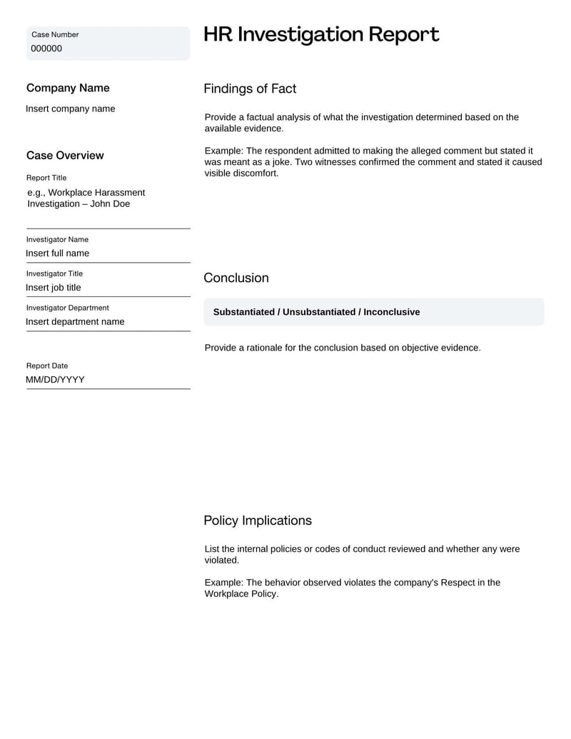 HR Investigation Report Template for documenting findings and outcomes of workplace investigations